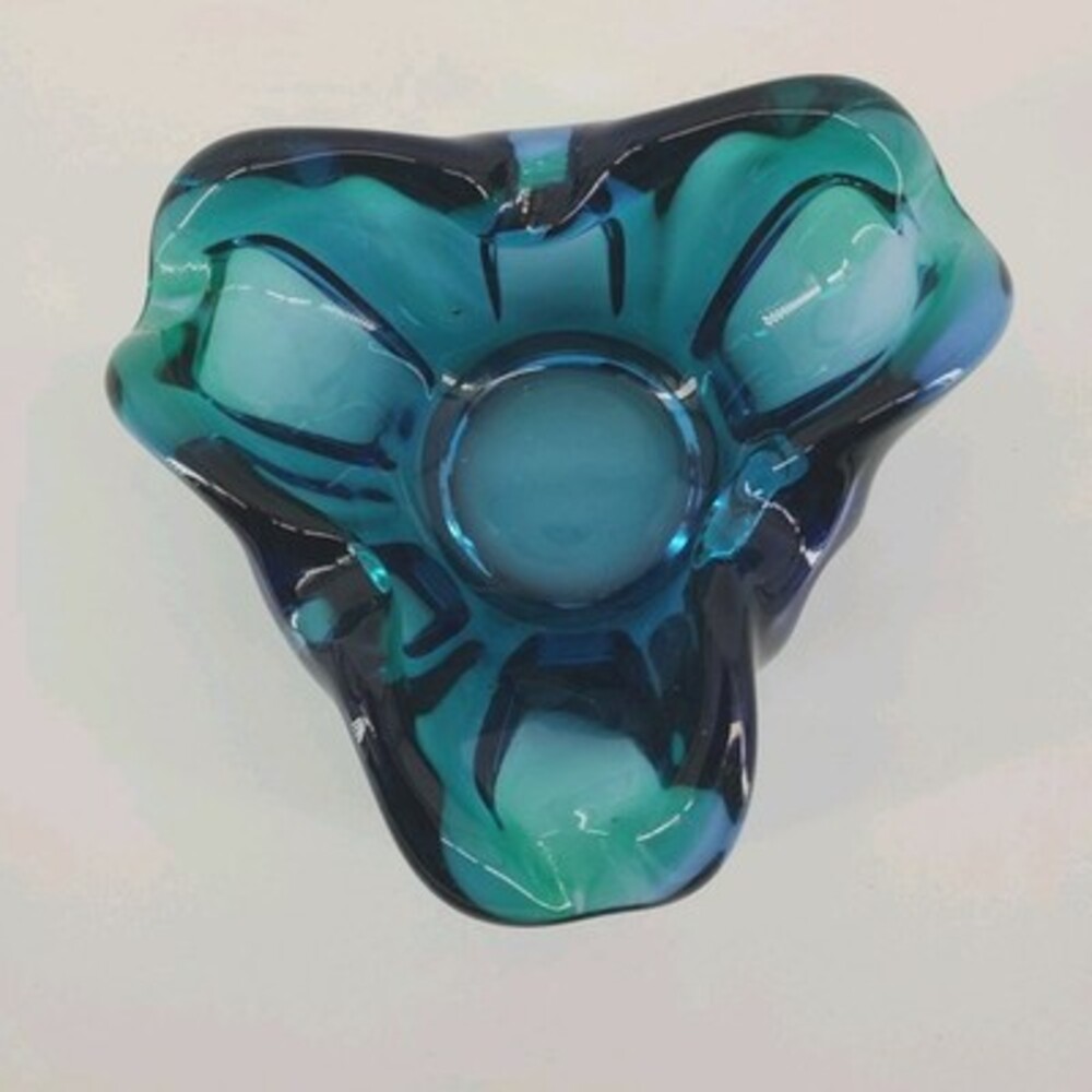Vintage Murano Style Art Glass Bowl Blue Green Sommerso Ruffled Catchall Ashtray